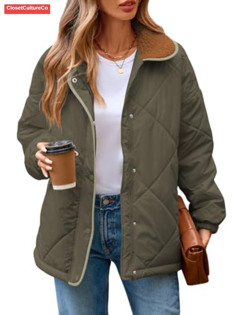 Women's Quilted Puffer Jacket Zip Snap Fuzzy Collar Loose Fit